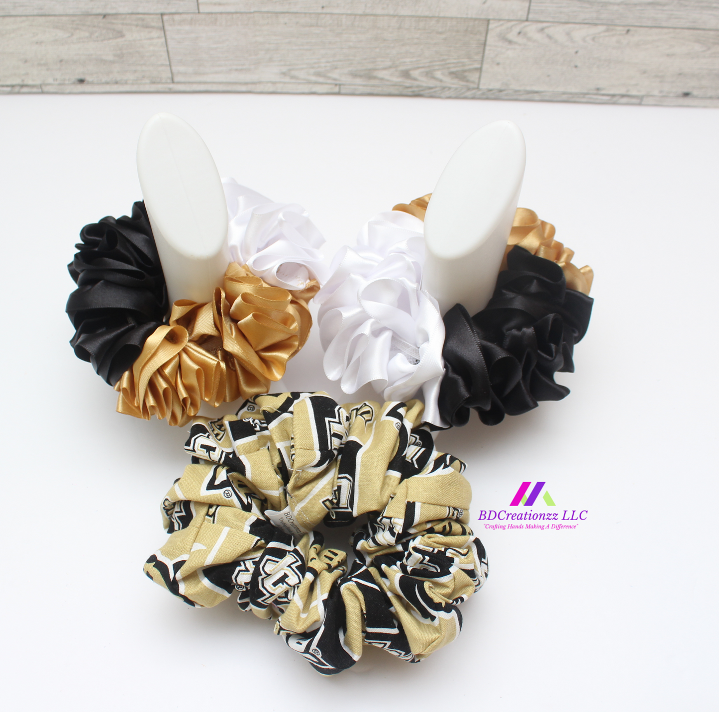 Brownish gold ruffle socks with matching hair scrunchies