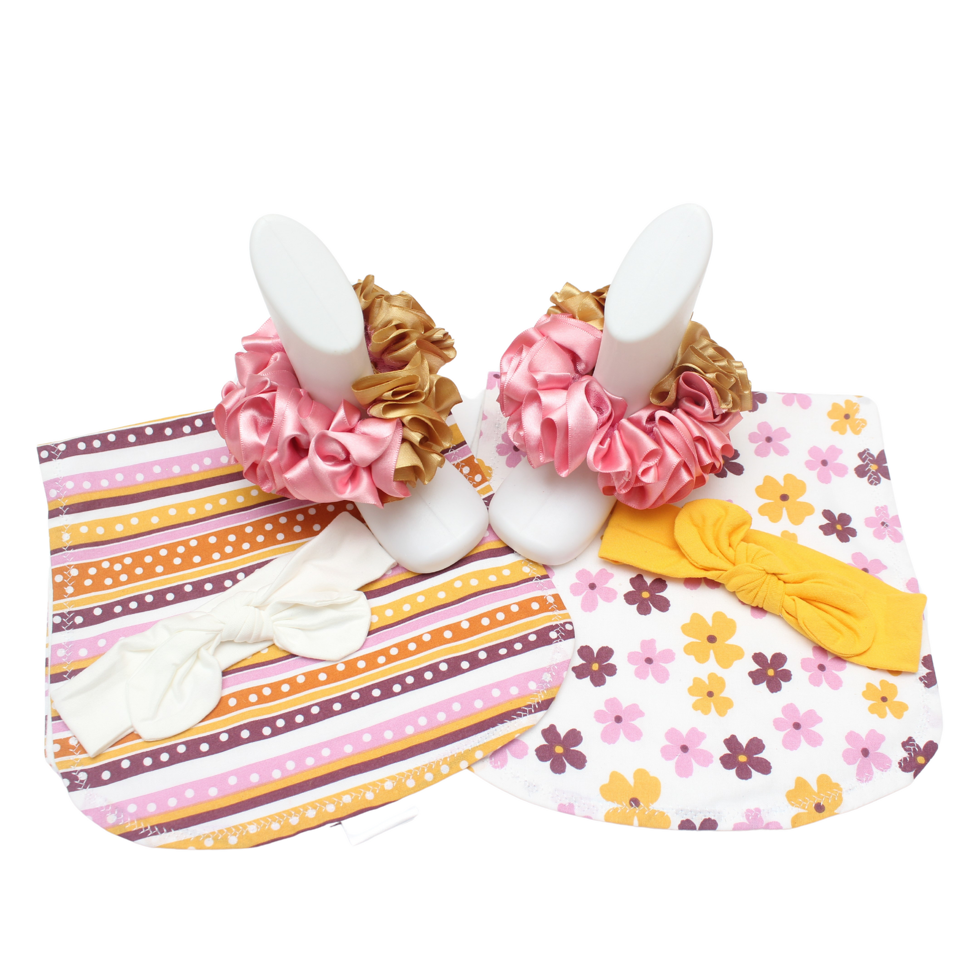 “Pink and brown baby girl accessory bundle with ruffle socks, burp cloths, and headbands”