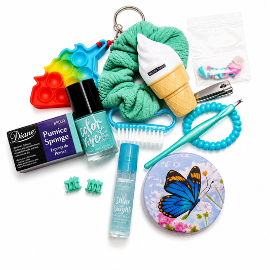Assorted beauty and personal care products on a white background