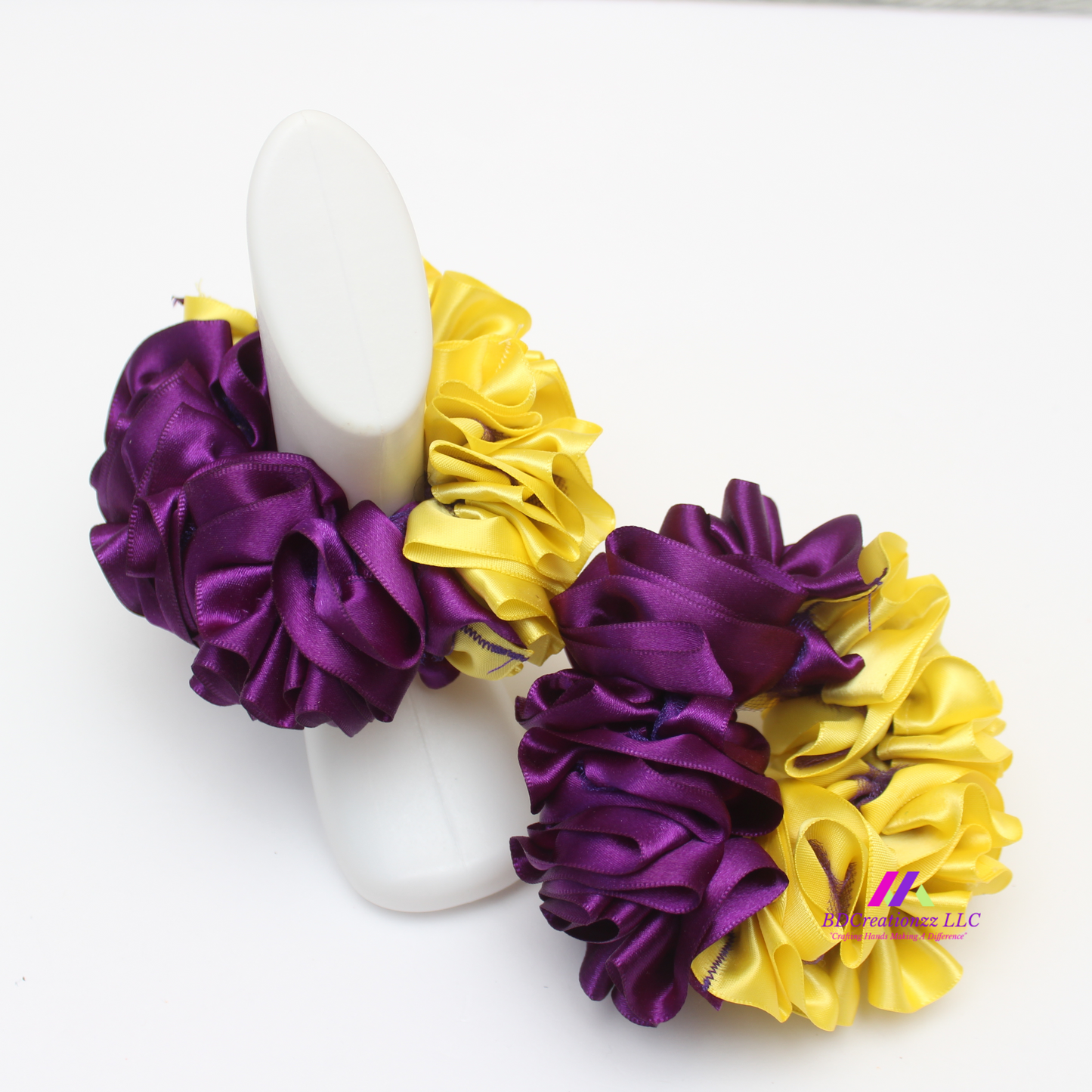 Comfortable purple and yellow ribbon socks close-up