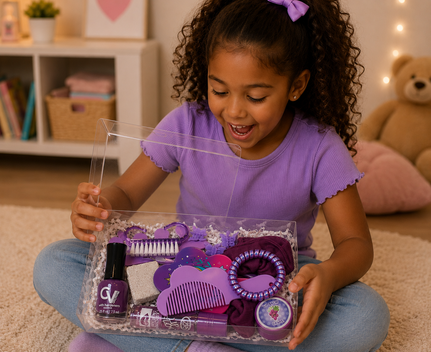 Child holding a toy makeup set with a purple shirt and teddy bear in the background