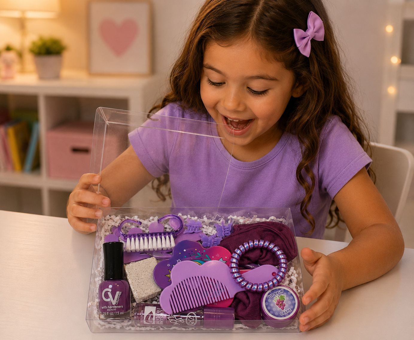Child holding a purple hair styling set with tools and accessories.