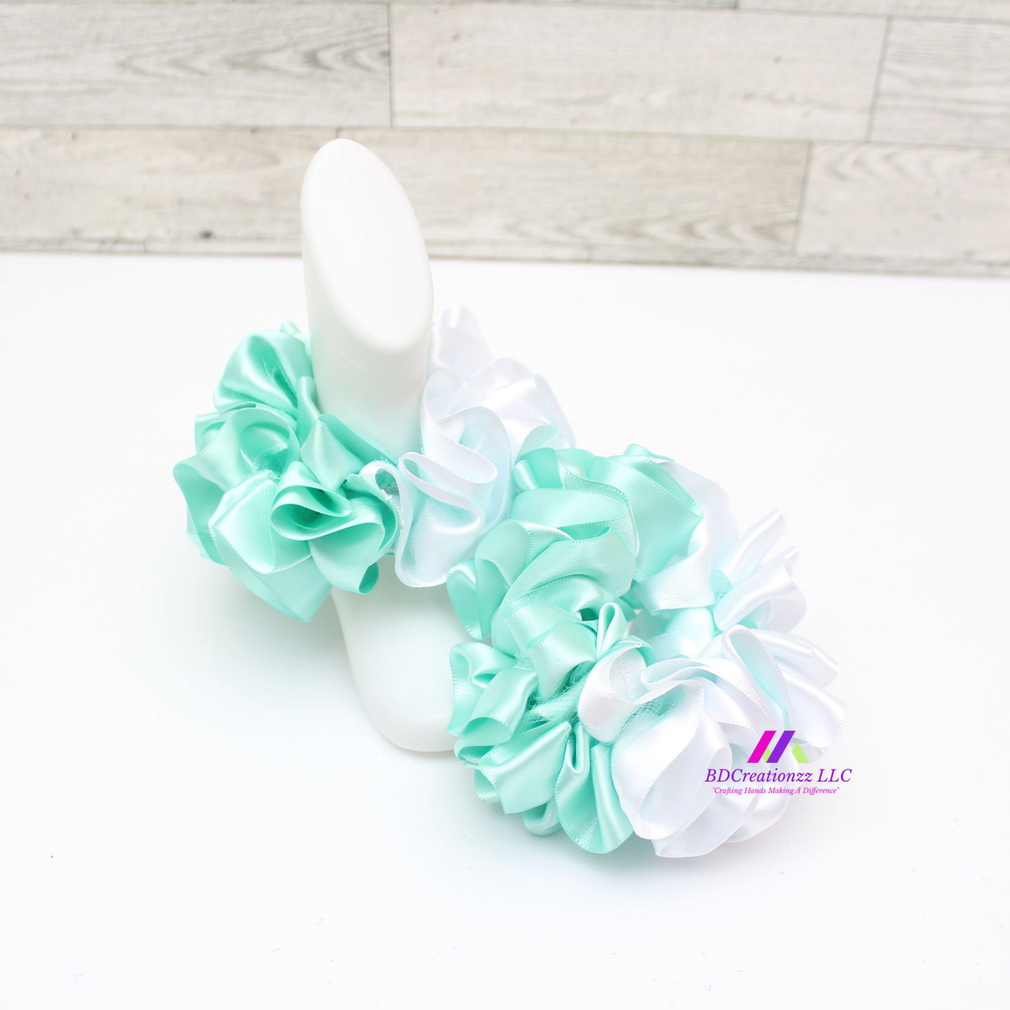 Handmade Spa Blue and White detachable boutique ruffle socks for babies, toddlers, kids, and adults by BDCreationzz.