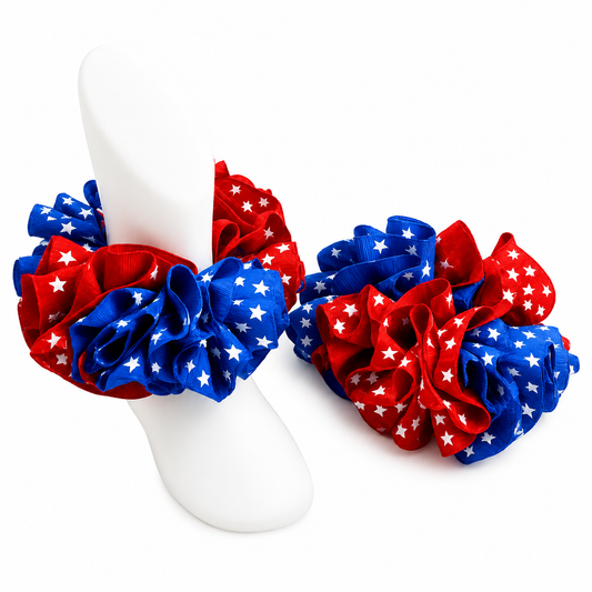 Red & Blue Star Grosgrain Detachable Ruffle Socks with 3 Inch Hair Bow | Patriotic Girls Boutique Set