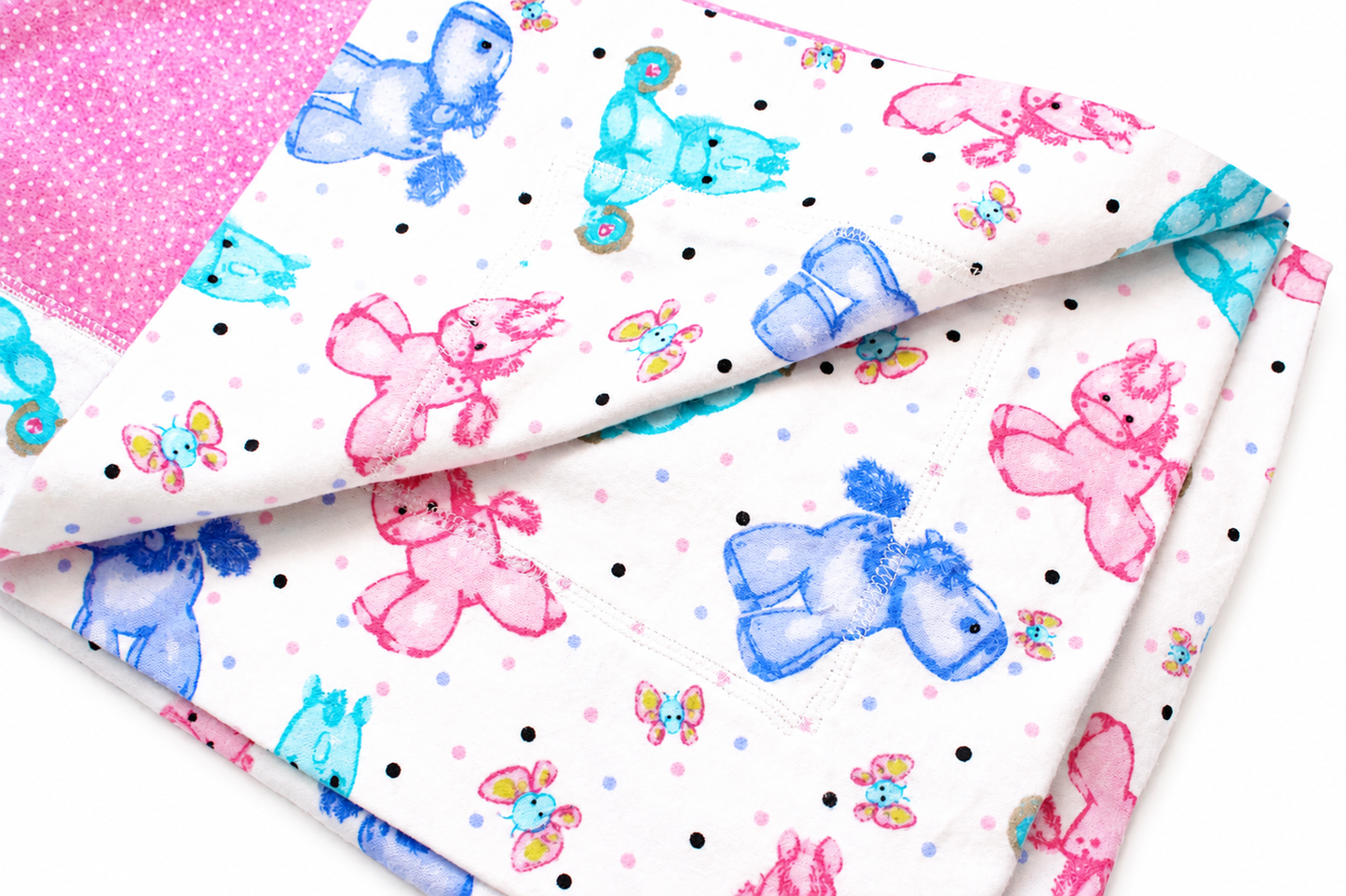 Colorful fabric with teddy bear and butterfly pattern on a white background