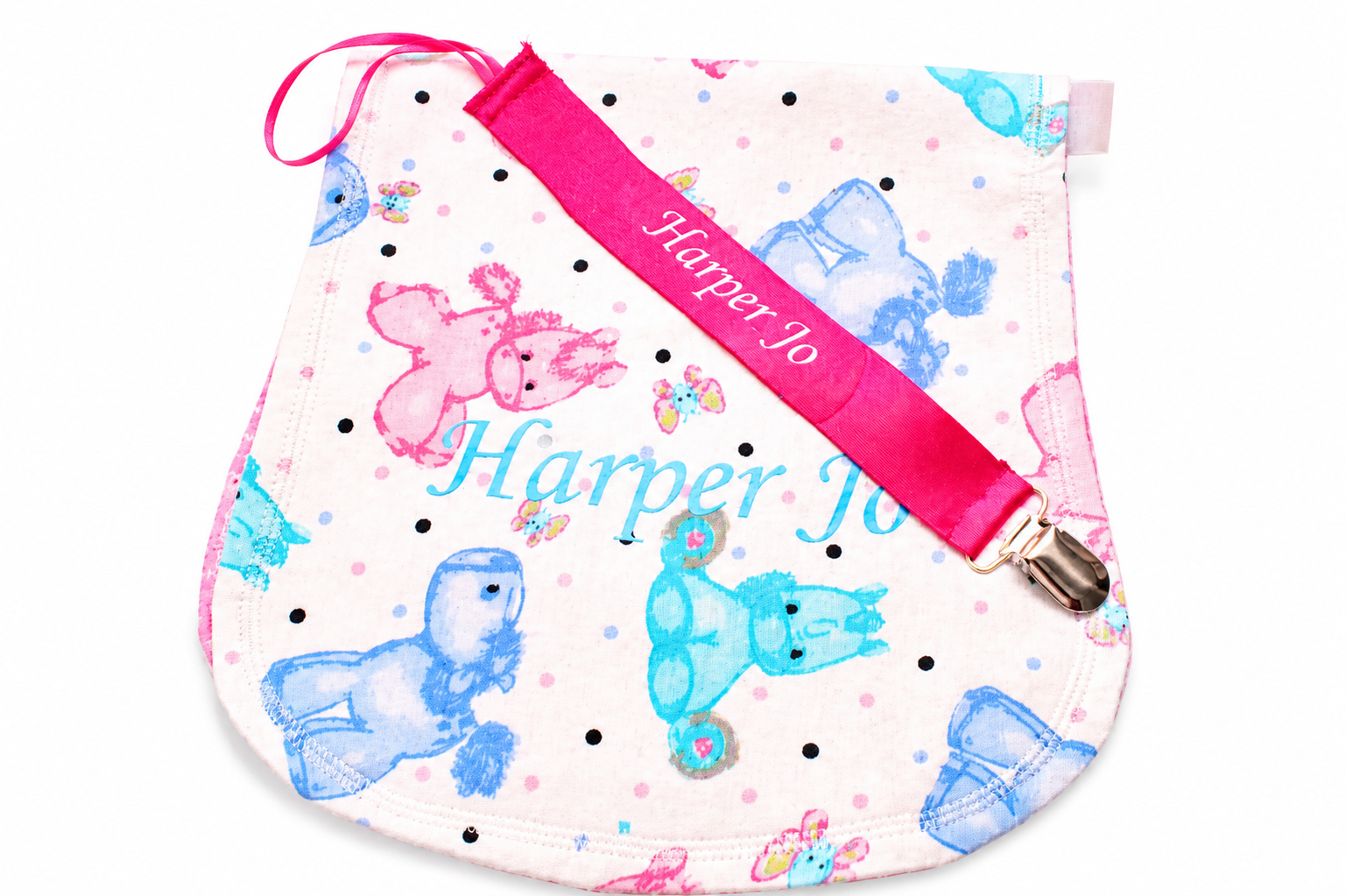Children's bag with teddy bear pattern and pink strap
