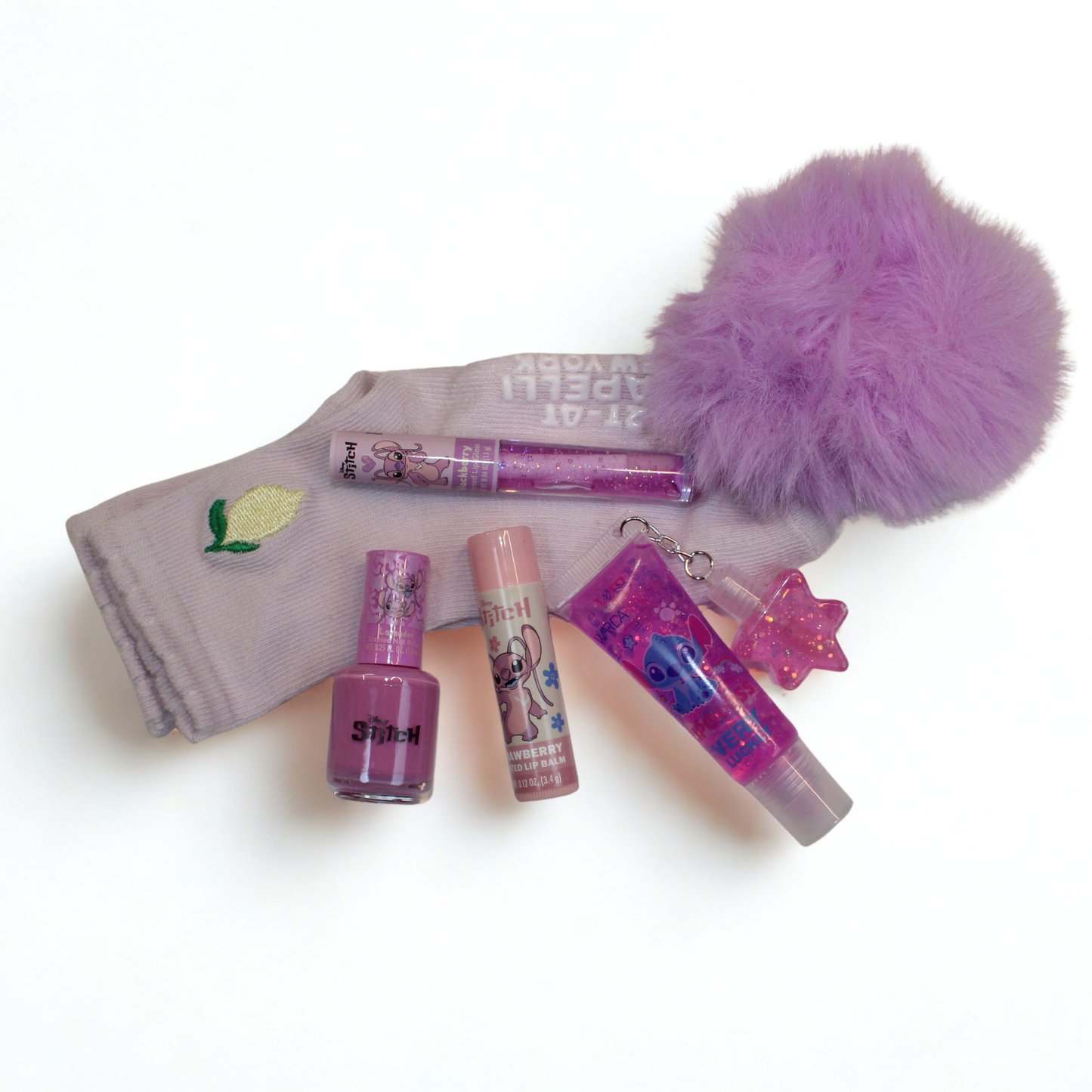 pom pom scrunchie and nail polish set