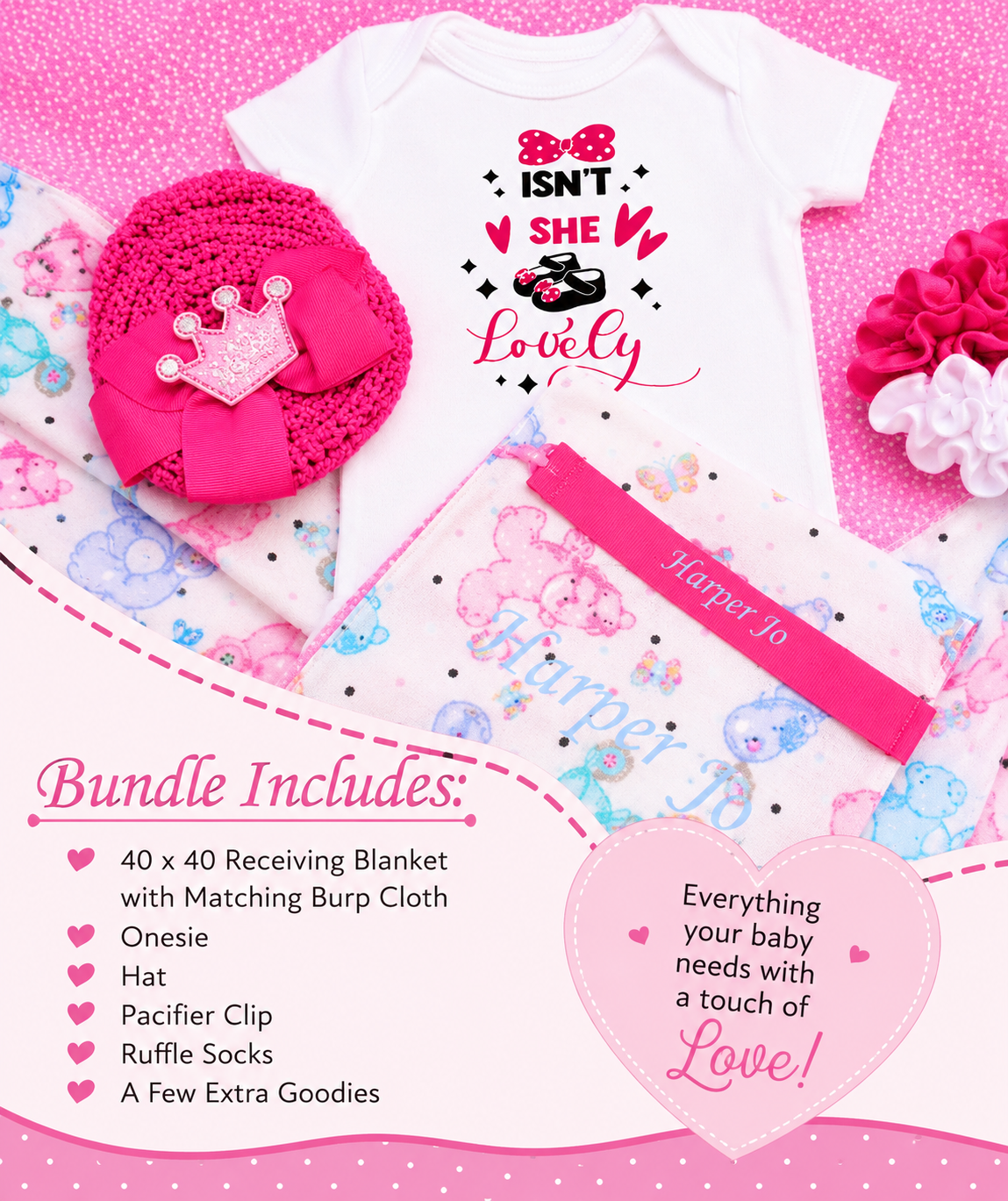 Baby bundle with onesie, hat, pacifier clip, and receiving blanket on a pink background
