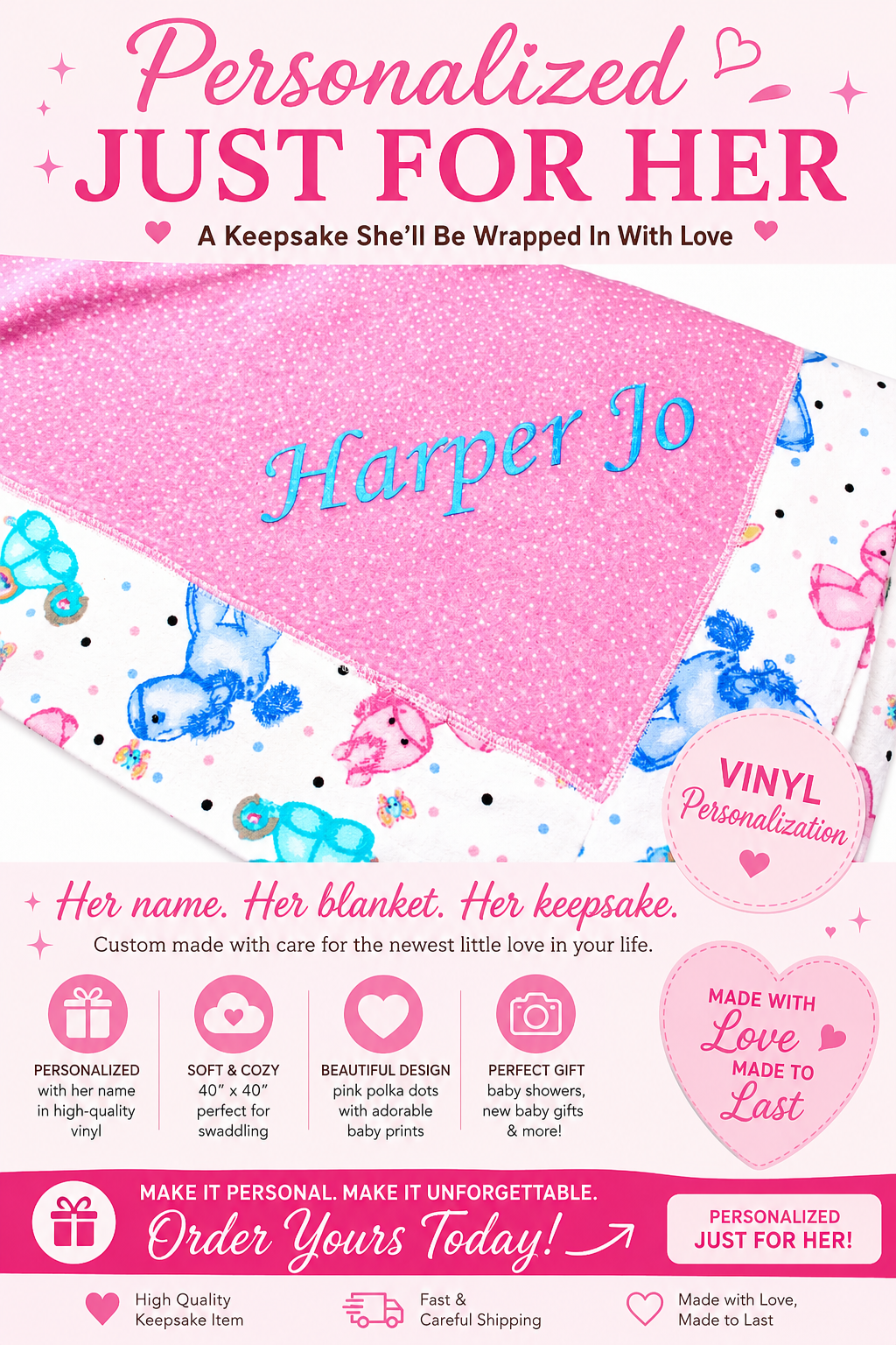 Pink blanket with 'Harper Jo' text, surrounded by baby-themed graphics and promotional text.